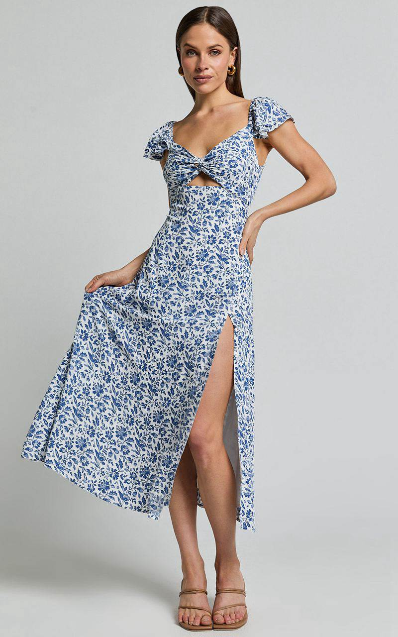 Showpo Sally Midi Dress - Flutter Sleeve Cut Out Thigh Split Dress Blue Floral | ZQDPUI243