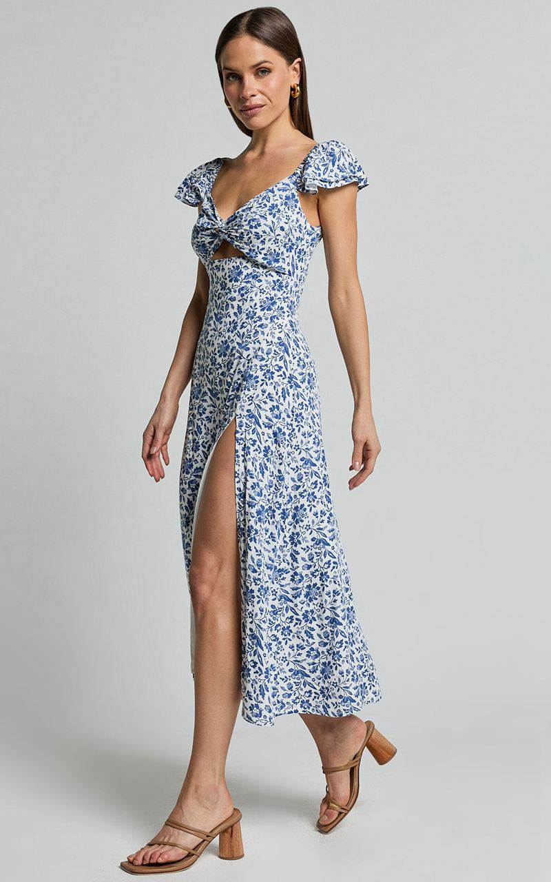 Showpo Sally Midi Dress - Flutter Sleeve Cut Out Thigh Split Dress Blue Floral | ZQDPUI243