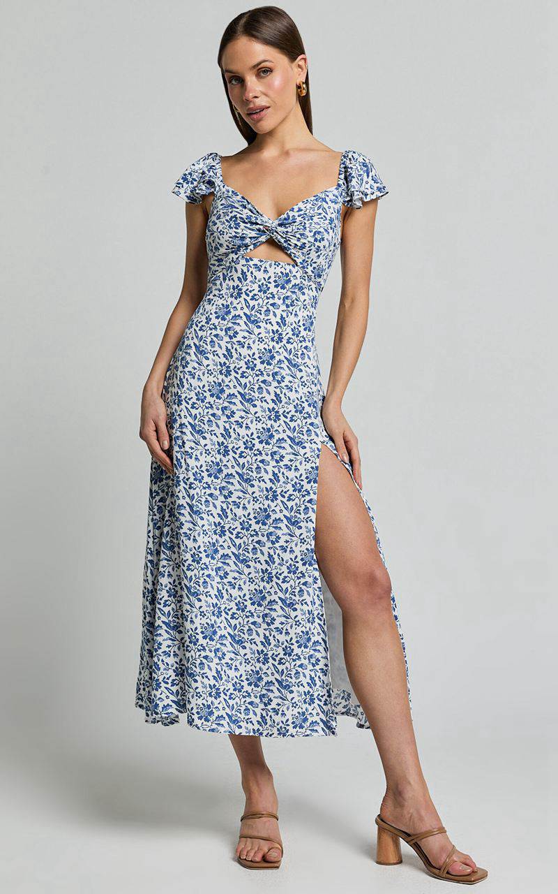 Showpo Sally Midi Dress - Flutter Sleeve Cut Out Thigh Split Dress Blue Floral | ZQDPUI243