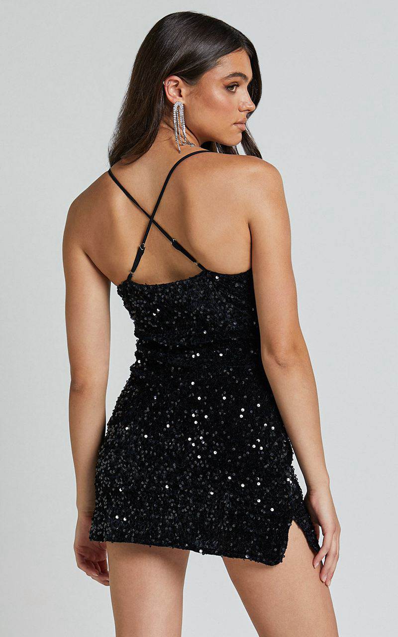 Showpo Salome Mini Dress - Bodycon Sequin Dress Black | OUBJRC639