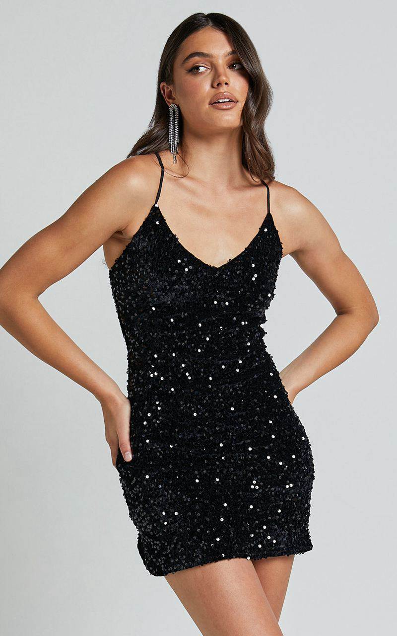 Showpo Salome Mini Dress - Bodycon Sequin Dress Black | OUBJRC639