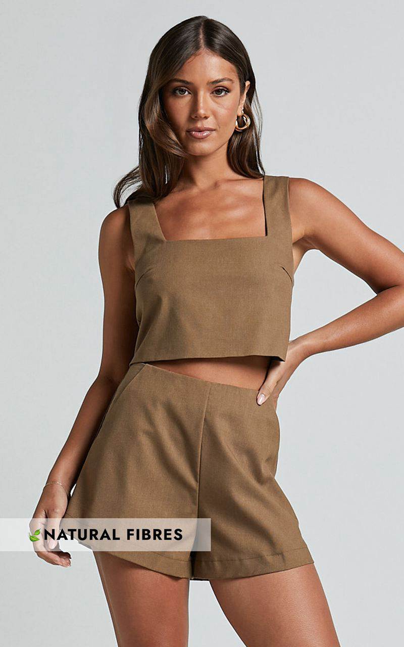 Showpo Salvador Two Piece Set - Linen Look Sleeveless Crop Top And High Waisted Tailored Shorts Olive | THMPLB347