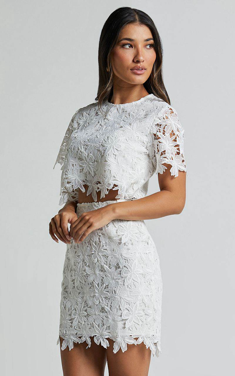 Showpo Salvi Two Piece Set - Short Sleeve Top And Mini Skirt Lace Set Off White | KZFJRH981