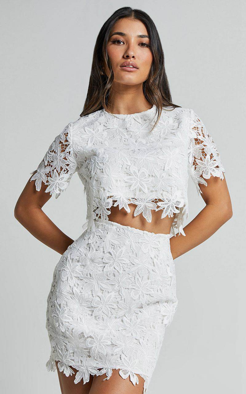 Showpo Salvi Two Piece Set - Short Sleeve Top And Mini Skirt Lace Set Off White | KZFJRH981