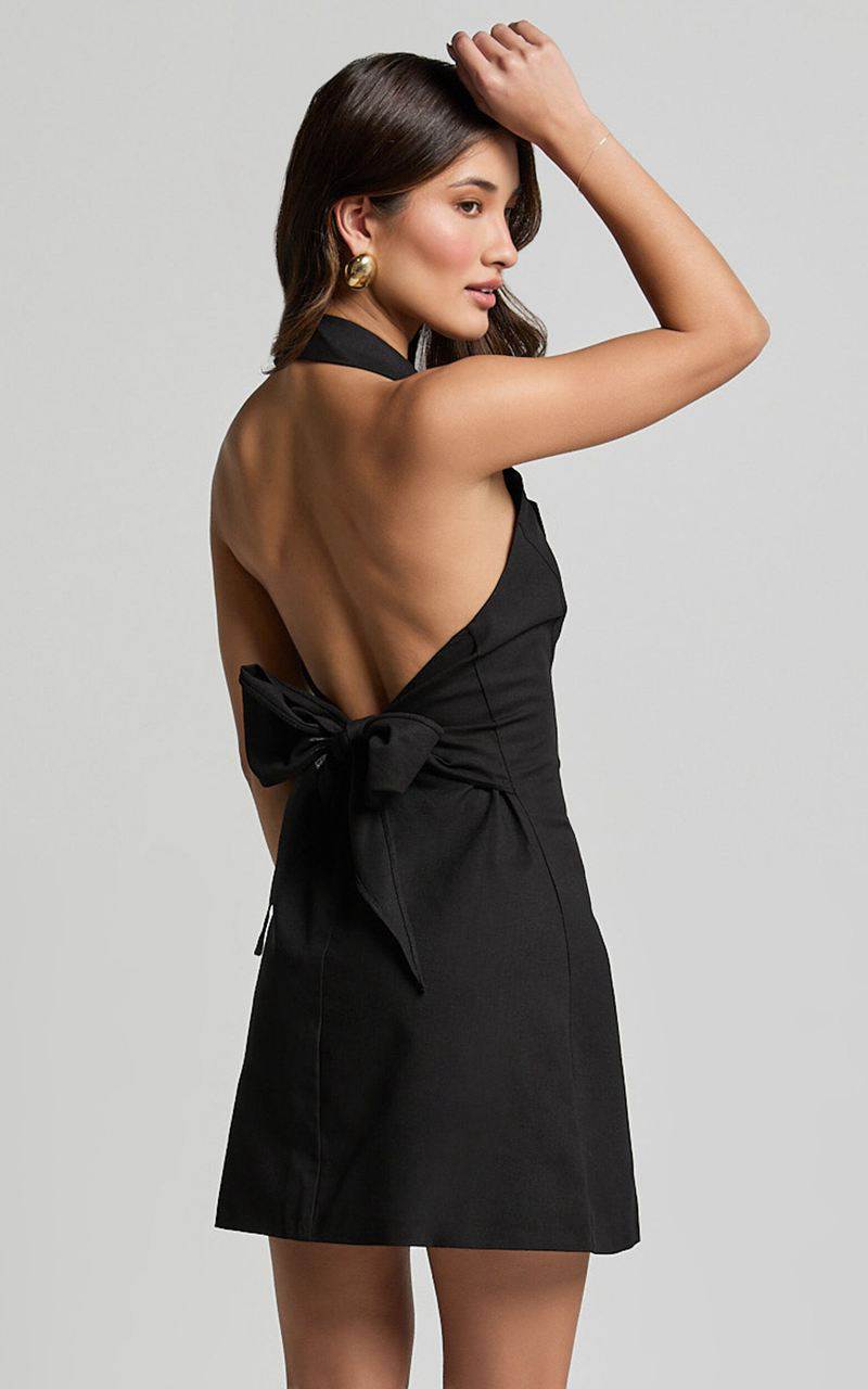 Showpo Sammie Mini Dress - Backless Halter Neck Linen Look Dress Black | BSHGFP706