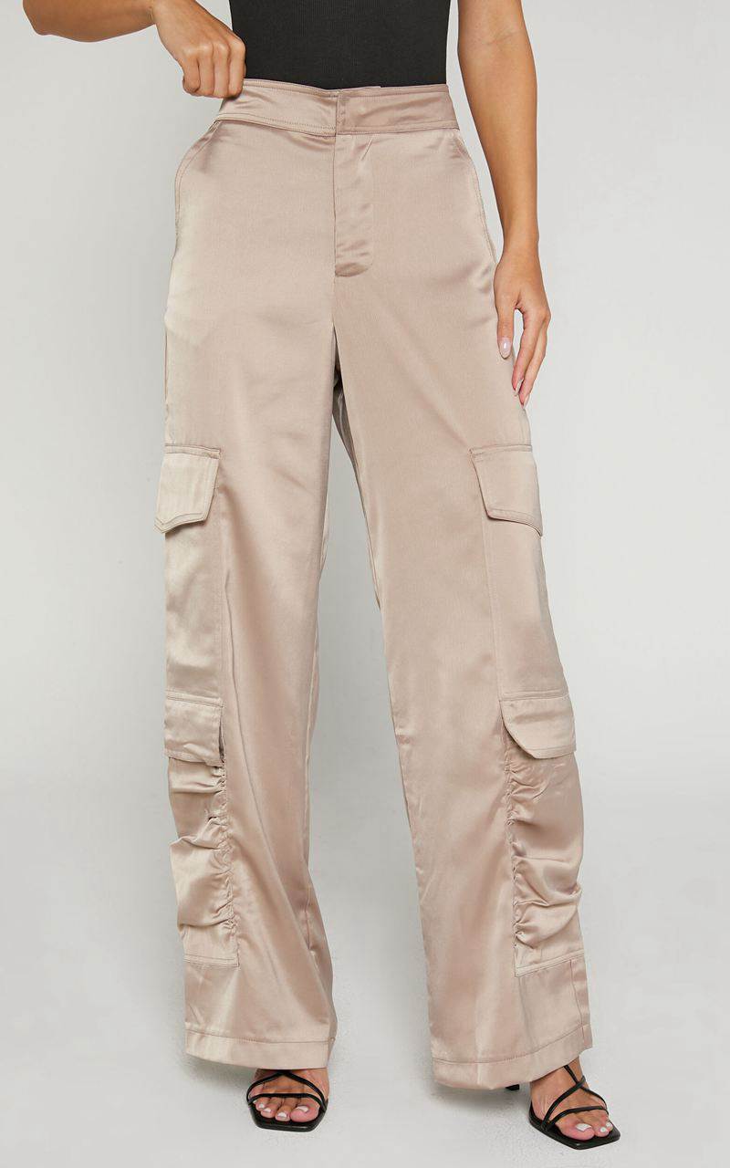 Showpo Saori Pants - Mid Rise Satin Cargo Pants Mushroom | TRQSGC579