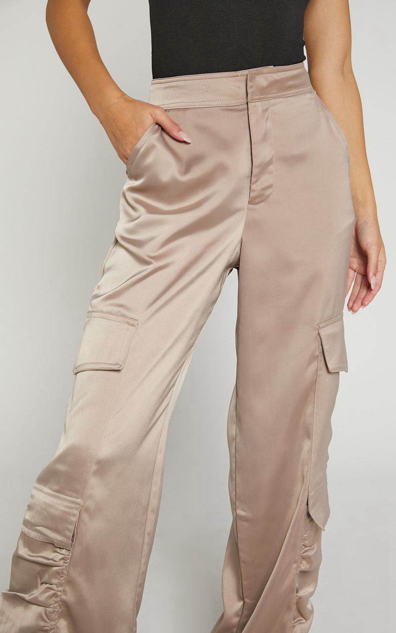 Showpo Saori Pants - Mid Rise Satin Cargo Pants Mushroom | TRQSGC579