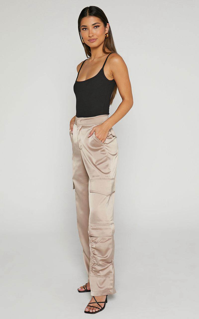 Showpo Saori Pants - Mid Rise Satin Cargo Pants Mushroom | TRQSGC579