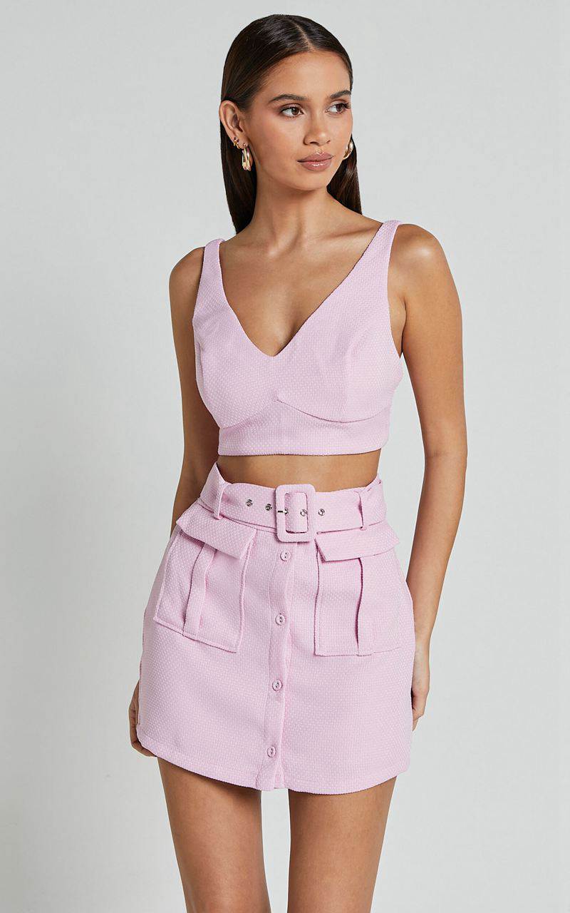 Showpo Sarah Two Piece Set - V Neck Crop Top And Belted Utility Mini Skirt Pale Pink | WUSBAJ362