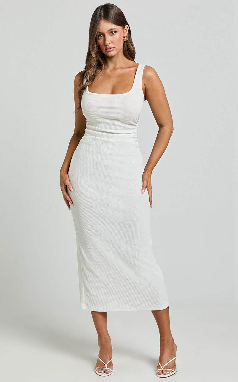 Showpo Sarina Midi Dress - Ribbed Scoop Neck Dress White | RQUKXM795