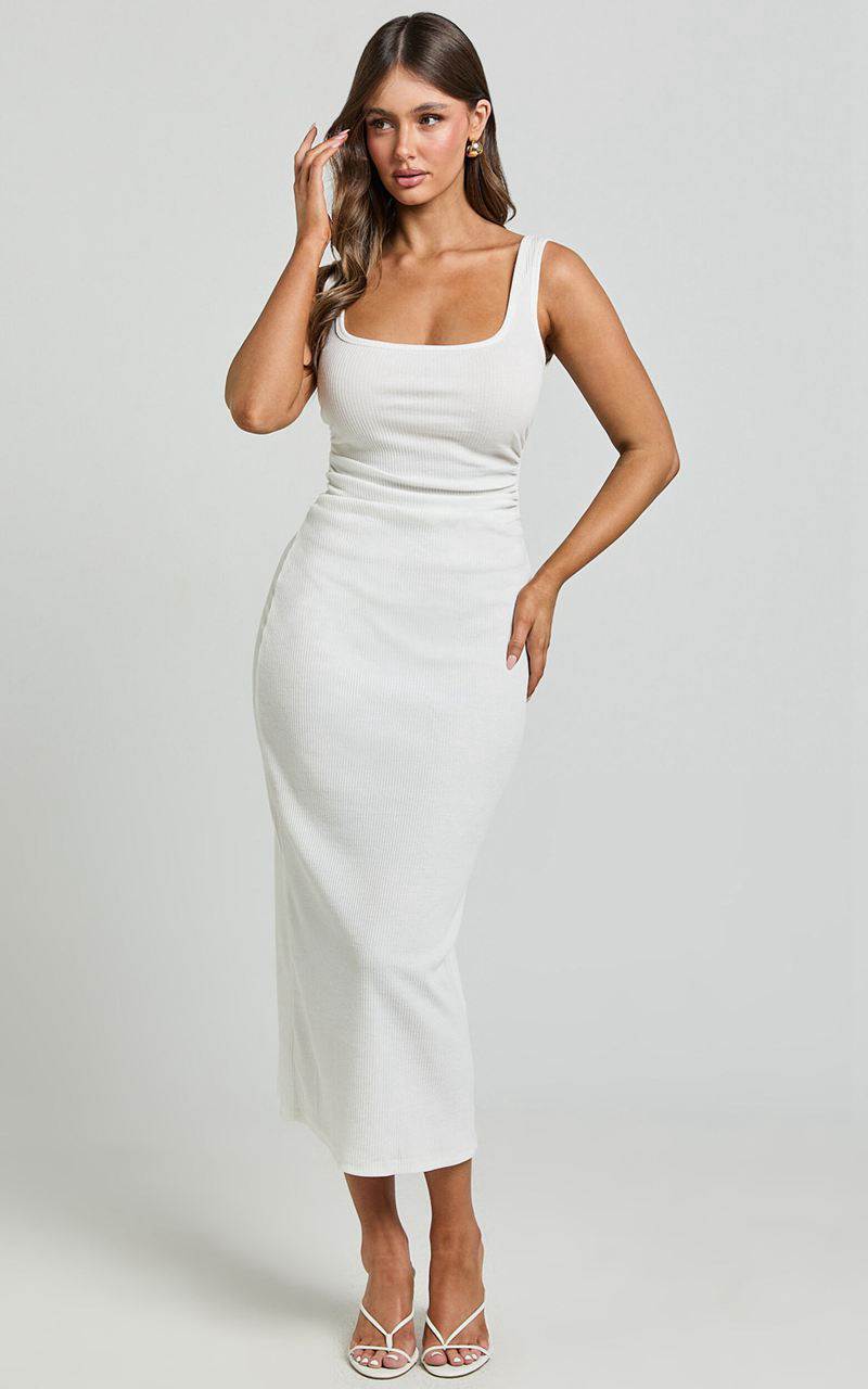 Showpo Sarina Midi Dress - Ribbed Scoop Neck Dress White | RQUKXM795