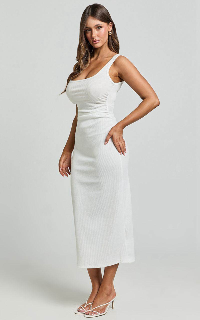 Showpo Sarina Midi Dress - Ribbed Scoop Neck Dress White | RQUKXM795