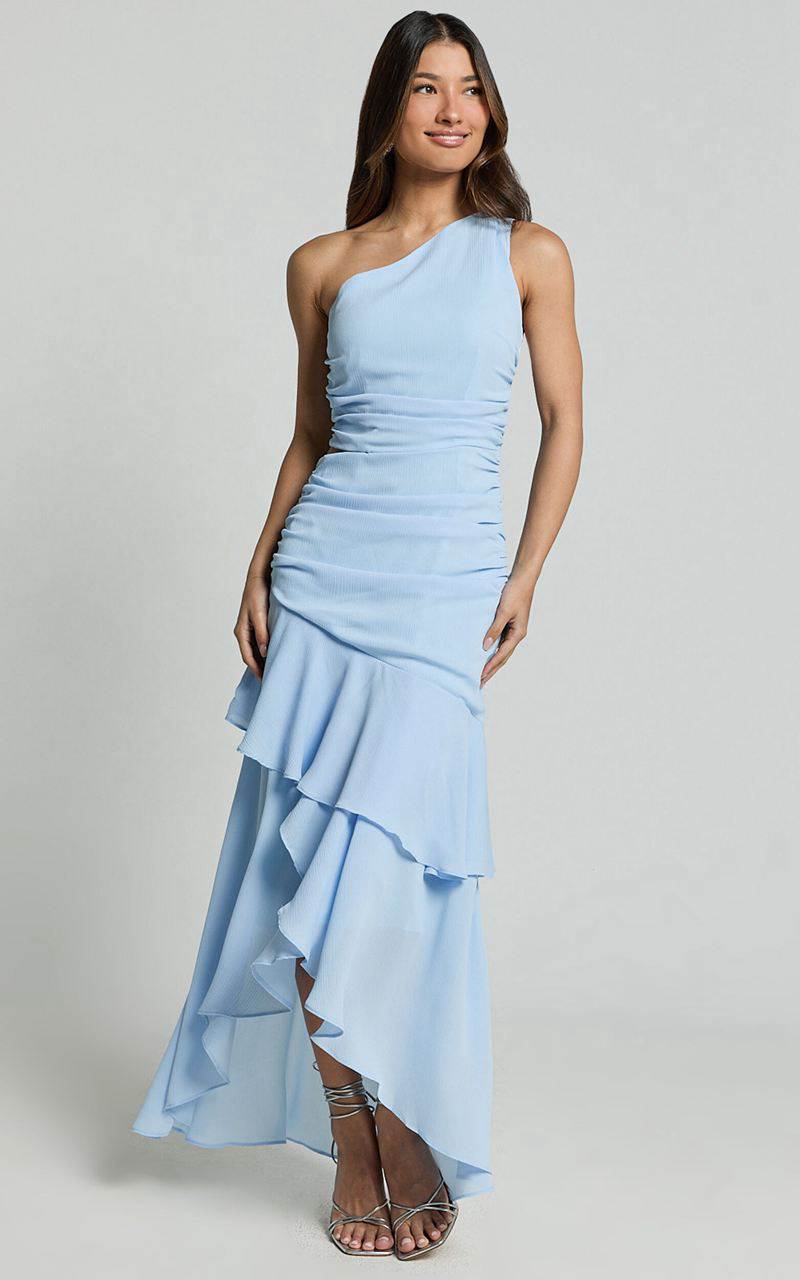 Showpo Sasha Midi Dress - One Shoulder Side Cut Out Asymmetrical Dress Ice Blue | MLZXUT389