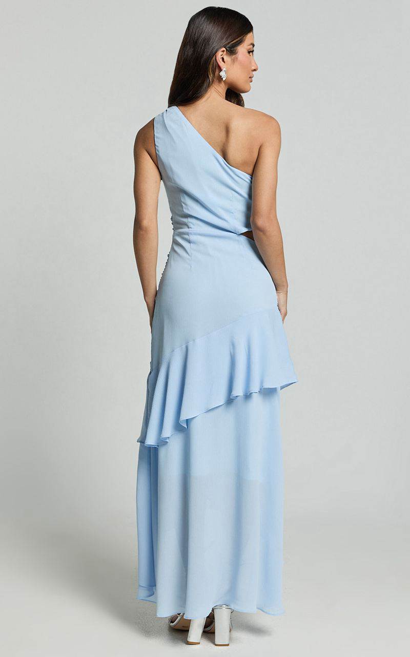 Showpo Sasha Midi Dress - One Shoulder Side Cut Out Asymmetrical Dress Ice Blue | MLZXUT389