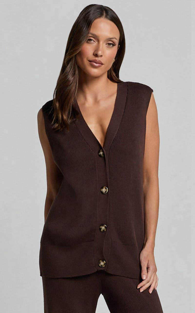 Showpo Sasha Top - Knitted Button Through V Neck Sleeveless Top Chocolate | KYDXEQ380