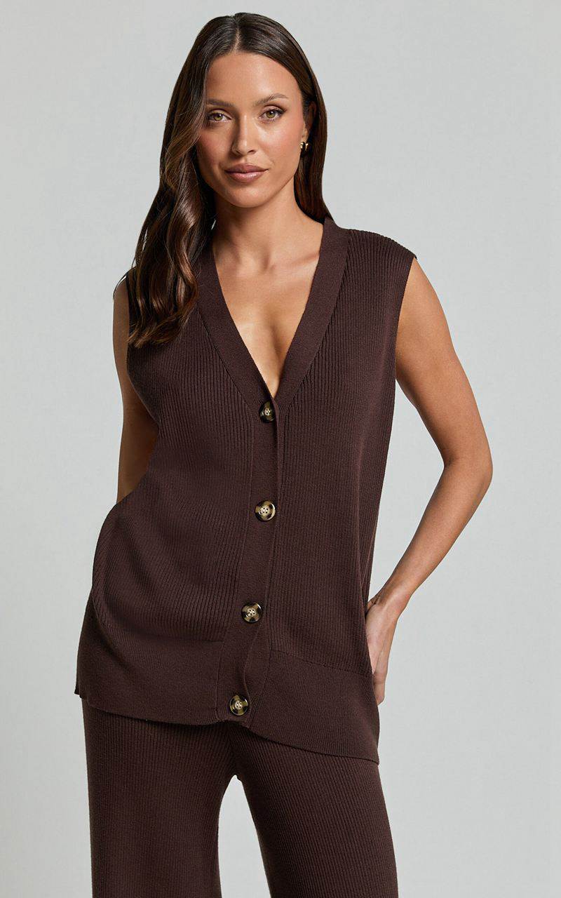 Showpo Sasha Top - Knitted Button Through V Neck Sleeveless Top Chocolate | KYDXEQ380