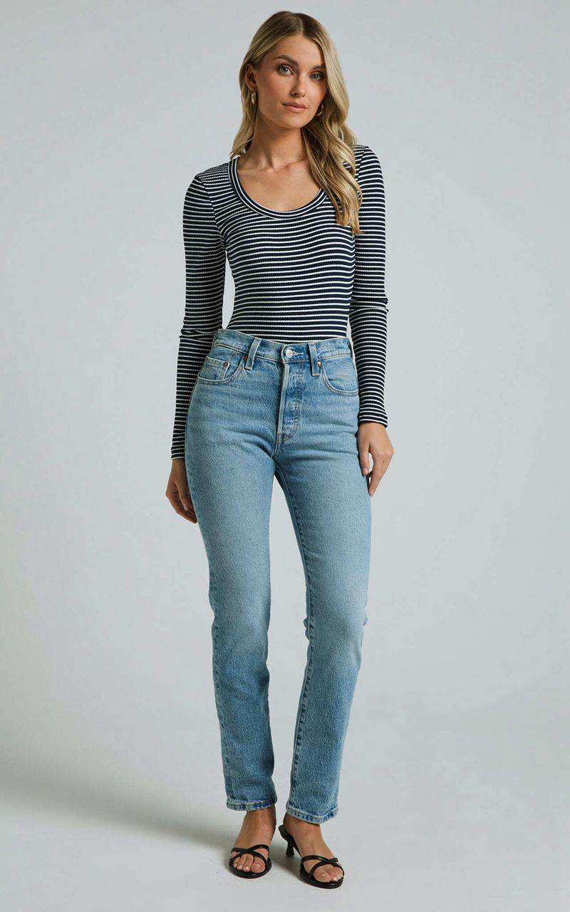 Showpo Savanna Bodysuit - Long Sleeve Stripe Scoop Neck Bodysuit Navy & White Stripe | KUDYGE912