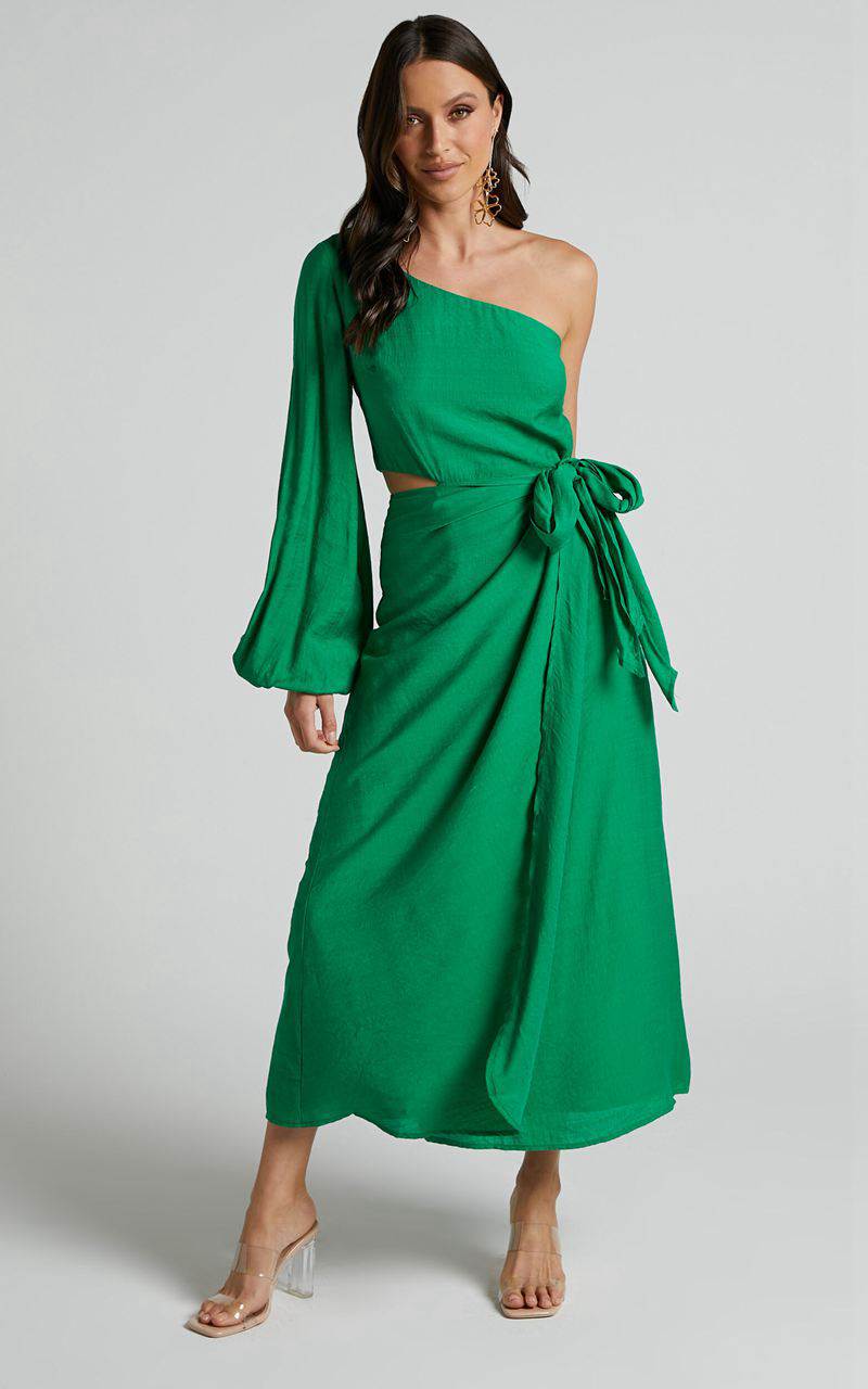 Showpo Savannah Midi Dress - One Shoulder Long Sleeve Cut Out Wrap Skirt Green | PVNDAK729