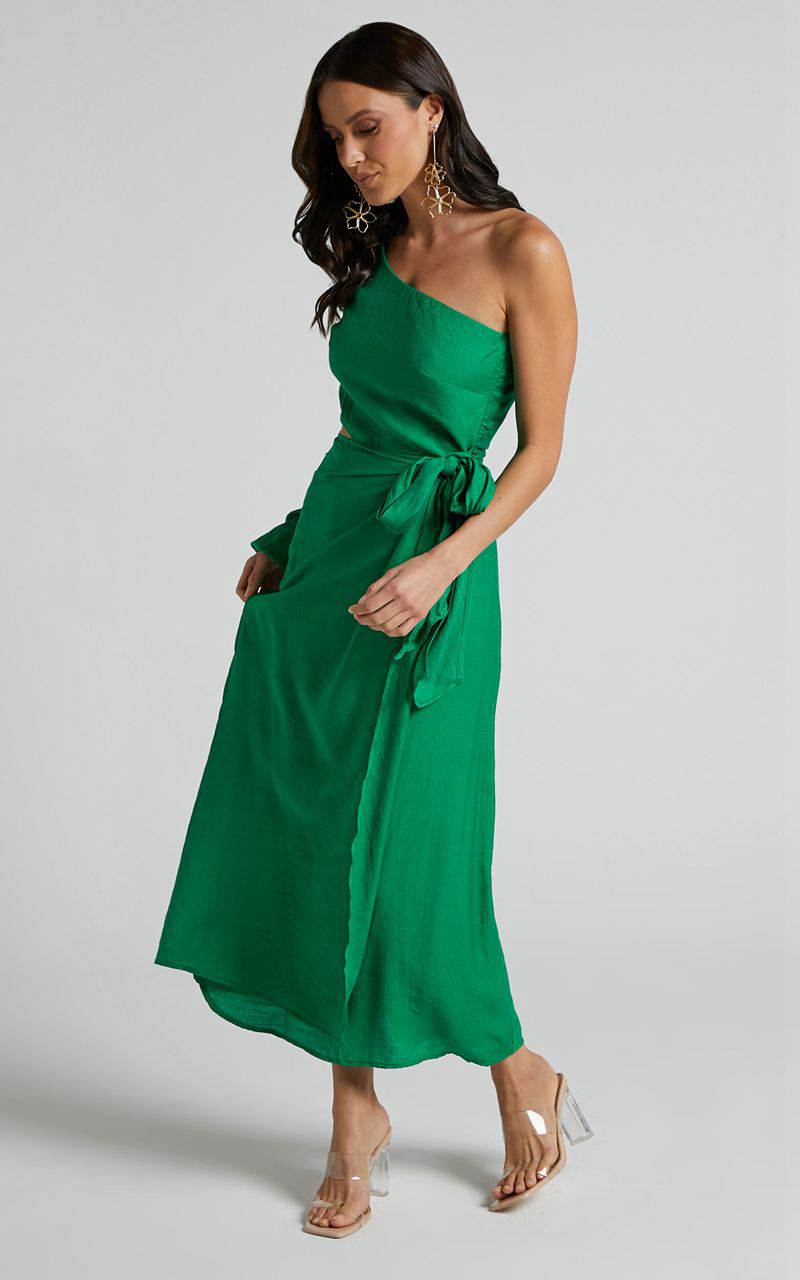 Showpo Savannah Midi Dress - One Shoulder Long Sleeve Cut Out Wrap Skirt Green | PVNDAK729