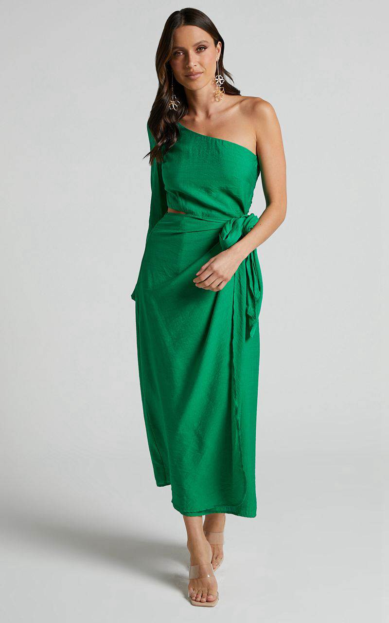 Showpo Savannah Midi Dress - One Shoulder Long Sleeve Cut Out Wrap Skirt Green | PVNDAK729