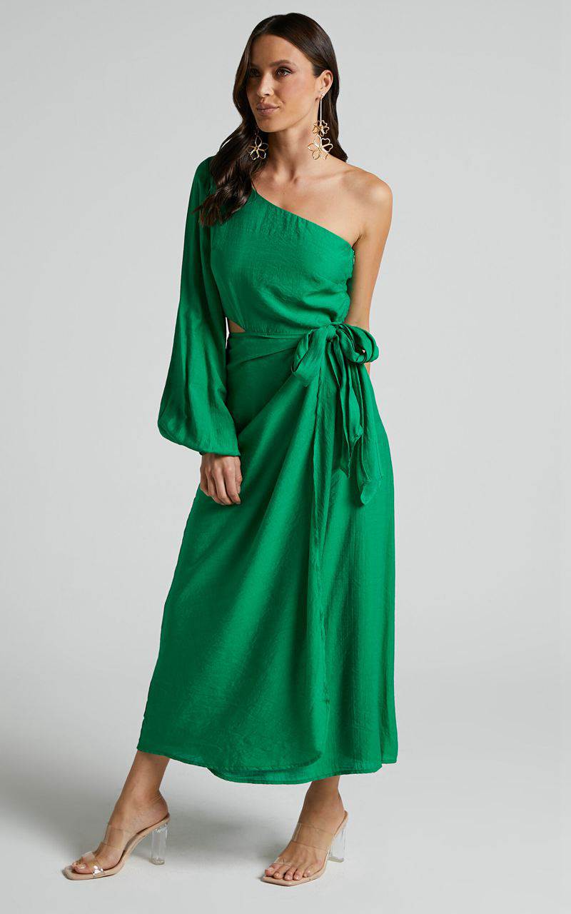 Showpo Savannah Midi Dress - One Shoulder Long Sleeve Cut Out Wrap Skirt Green | PVNDAK729