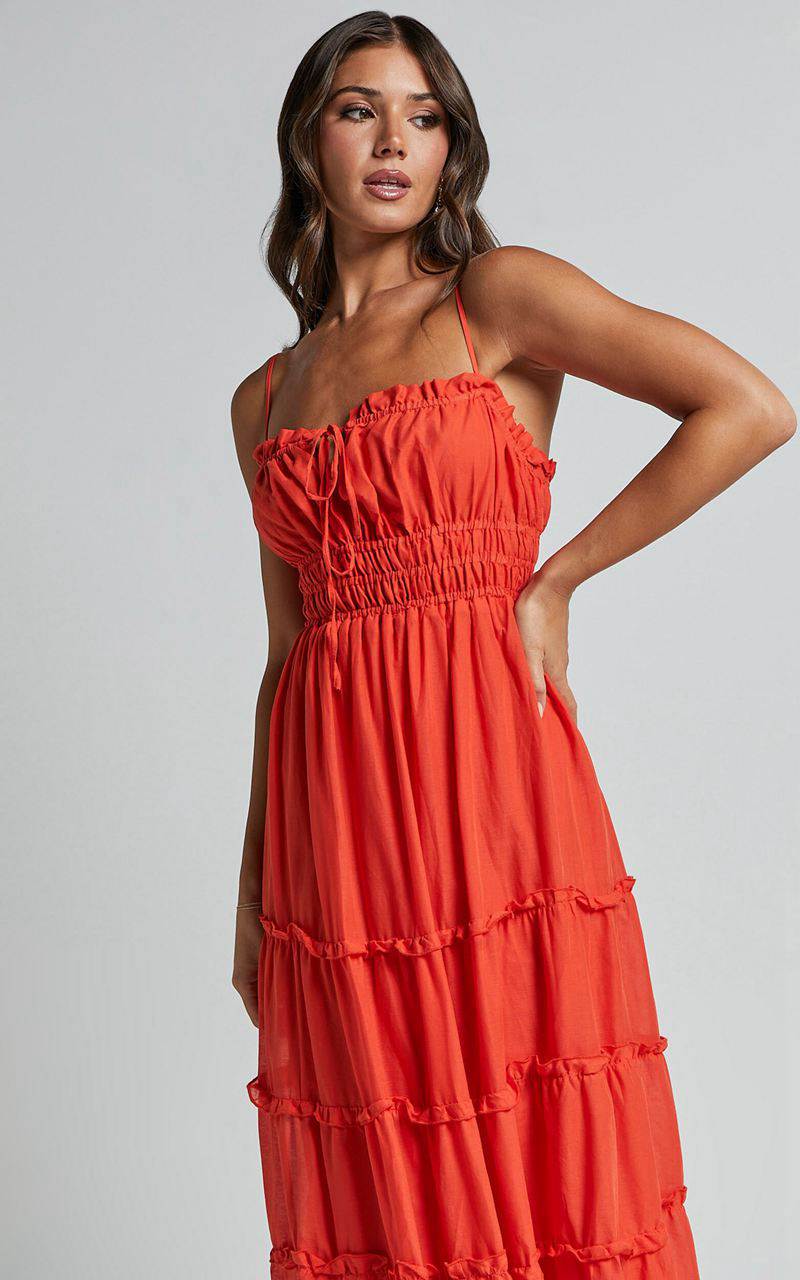 Showpo Schiffer Midi Dress - Strappy Ruched Tie Front Tiered Dress Red Orange | VQDALG149