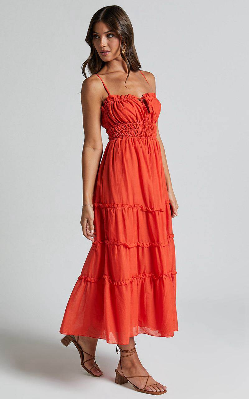 Showpo Schiffer Midi Dress - Strappy Ruched Tie Front Tiered Dress Red Orange | VQDALG149