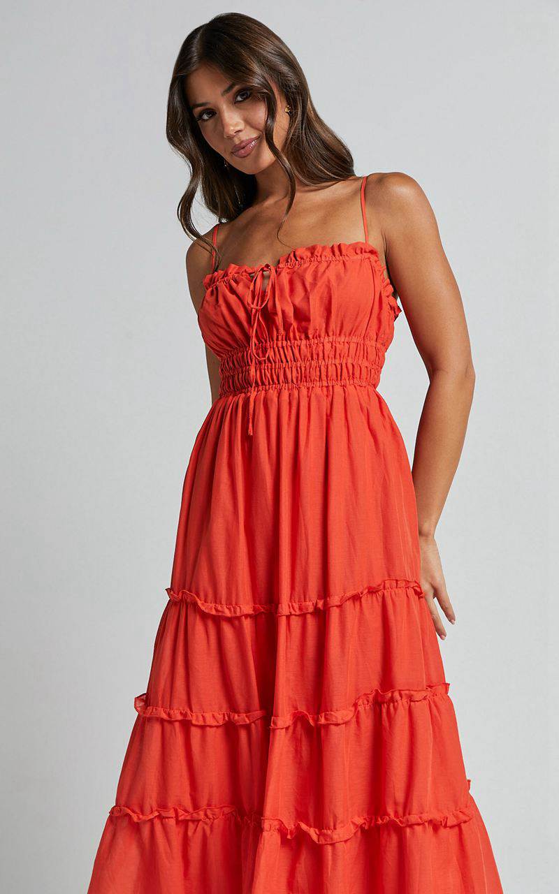 Showpo Schiffer Midi Dress - Strappy Ruched Tie Front Tiered Dress Red Orange | VQDALG149