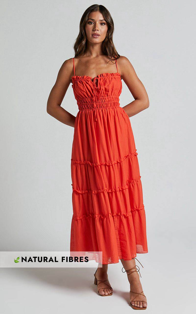 Showpo Schiffer Midi Dress - Strappy Ruched Tie Front Tiered Dress Red Orange | VQDALG149