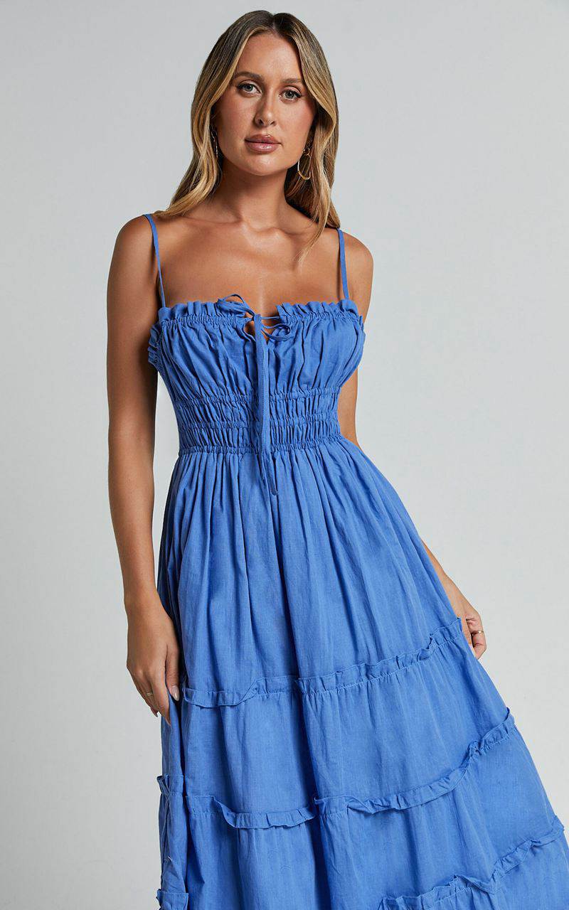 Showpo Schiffer Midi Dress - Strappy Ruched Tie Front Tiered Dress Blue | DSULTF723