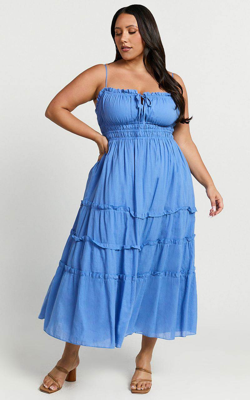 Showpo Schiffer Midi Dress - Strappy Ruched Tie Front Tiered Dress Blue | DSULTF723