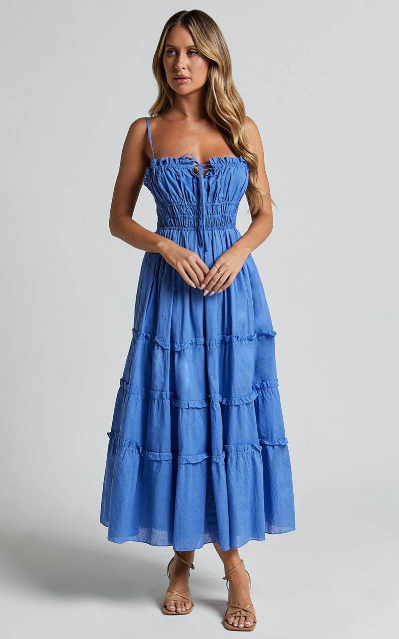 Showpo Schiffer Midi Dress - Strappy Ruched Tie Front Tiered Dress Blue | DSULTF723