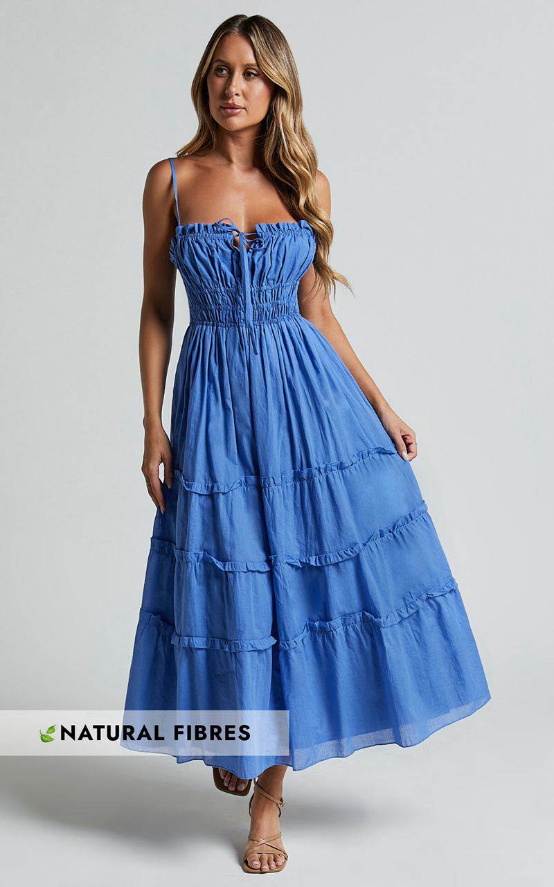 Showpo Schiffer Midi Dress - Strappy Ruched Tie Front Tiered Dress Blue | DSULTF723