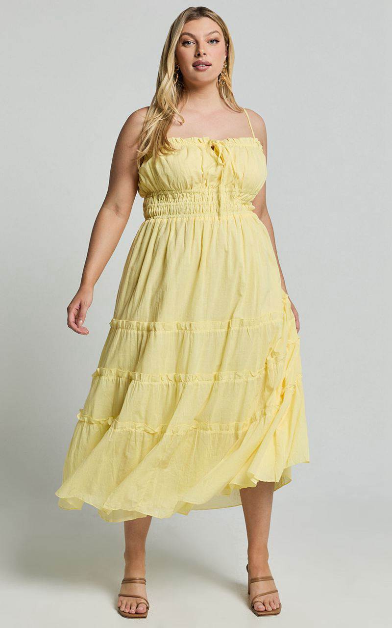 Showpo Schiffer Midi Dress - Strappy Ruched Tie Front Tiered Dress Yellow | OBNLTE630