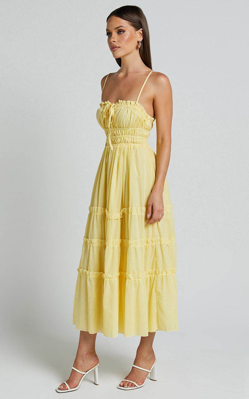 Showpo Schiffer Midi Dress - Strappy Ruched Tie Front Tiered Dress Yellow | OBNLTE630