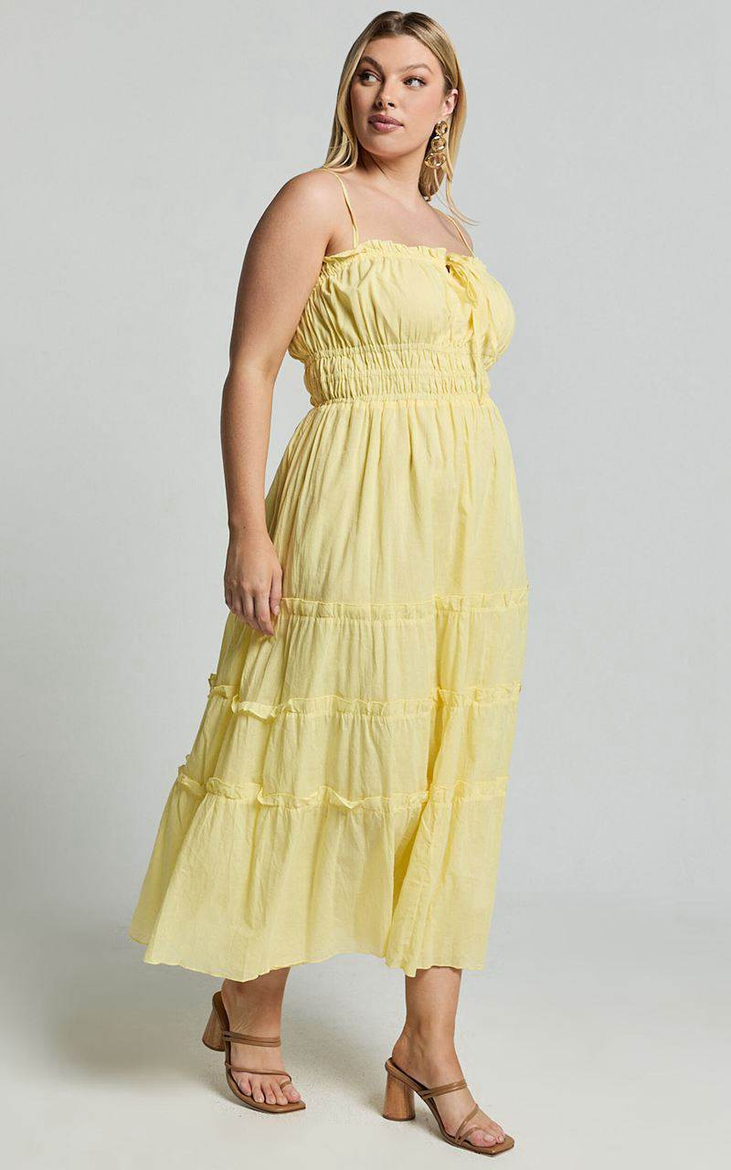 Showpo Schiffer Midi Dress - Strappy Ruched Tie Front Tiered Dress Yellow | OBNLTE630