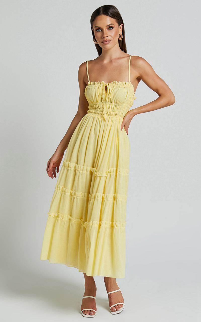 Showpo Schiffer Midi Dress - Strappy Ruched Tie Front Tiered Dress Yellow | OBNLTE630