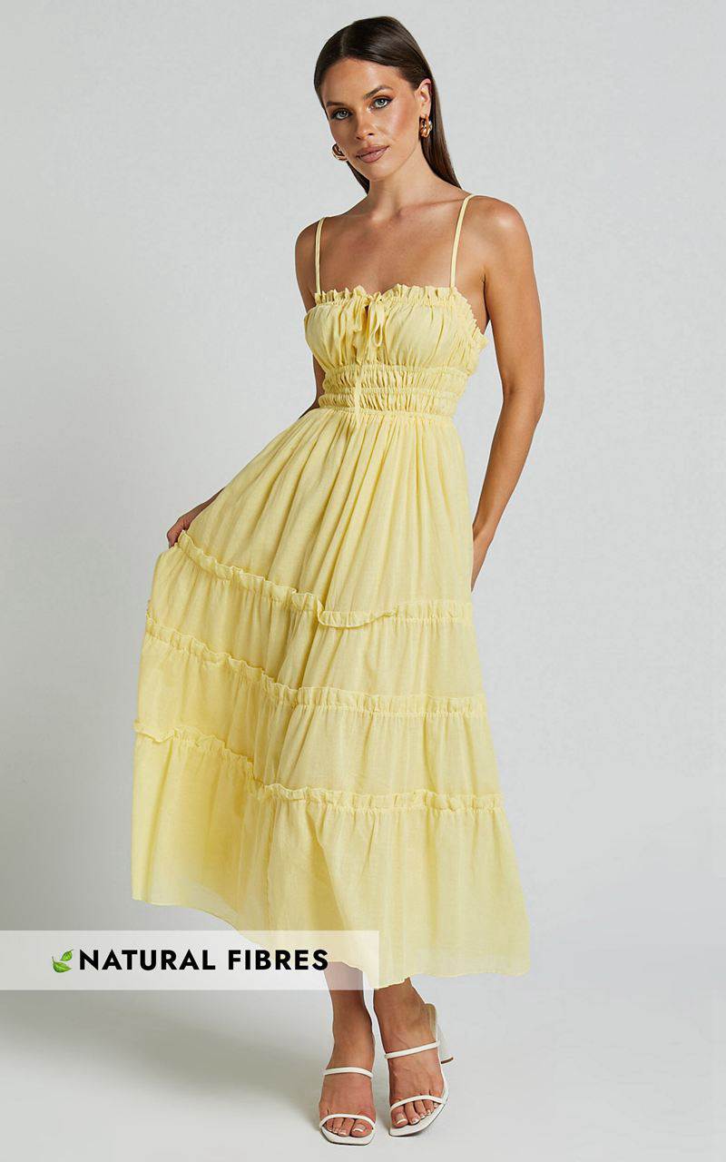 Showpo Schiffer Midi Dress - Strappy Ruched Tie Front Tiered Dress Yellow | OBNLTE630