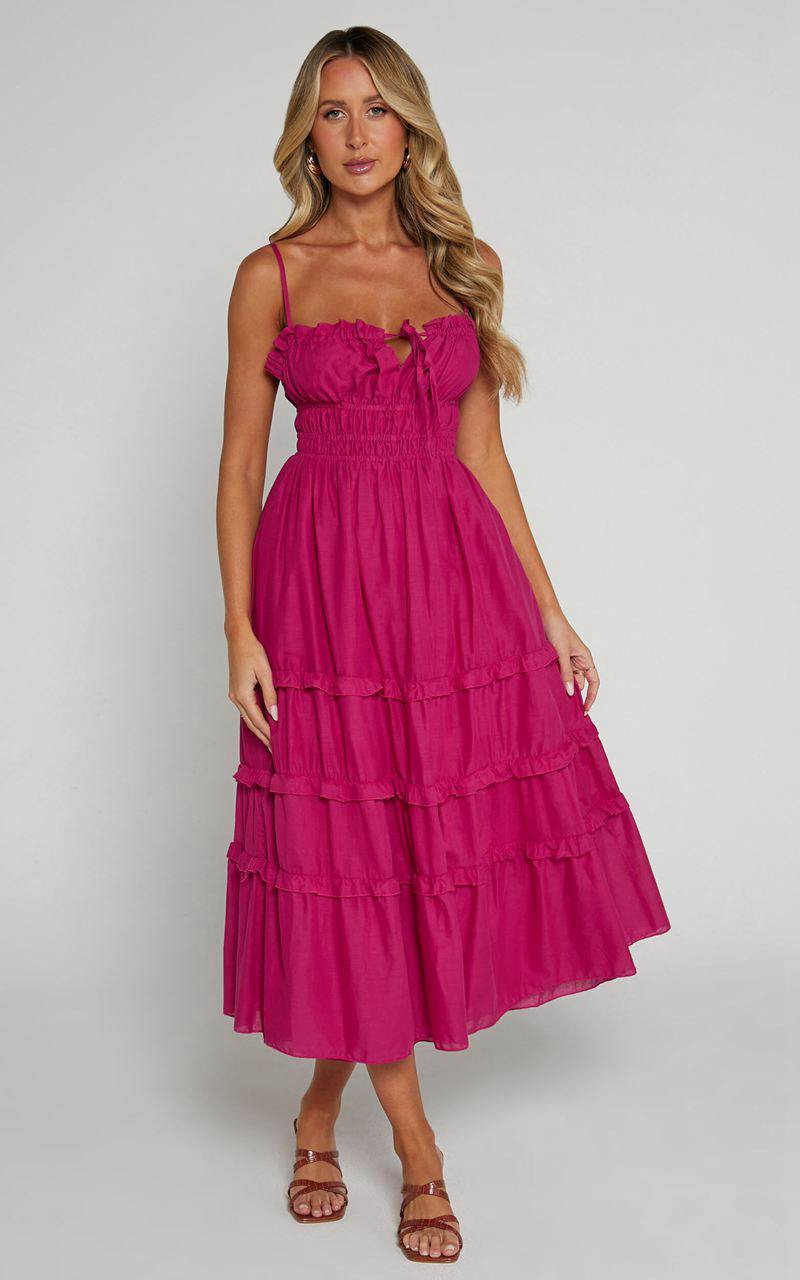 Showpo Schiffer Midi Dress - Strappy Ruched Tie Front Tiered Dress Raspberry | ZXBJTE832