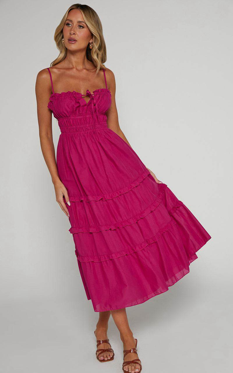 Showpo Schiffer Midi Dress - Strappy Ruched Tie Front Tiered Dress Raspberry | ZXBJTE832