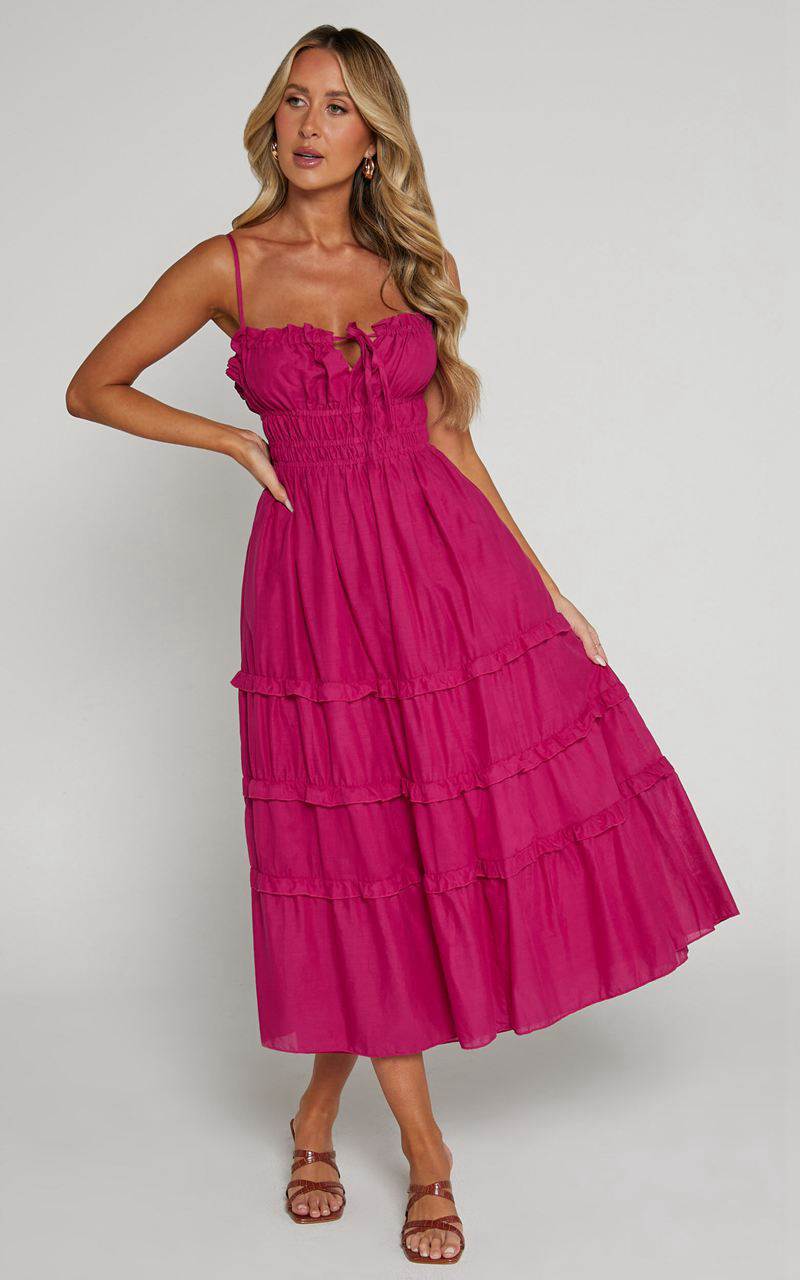 Showpo Schiffer Midi Dress - Strappy Ruched Tie Front Tiered Dress Raspberry | ZXBJTE832