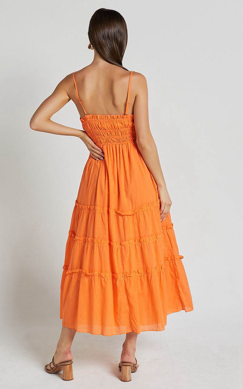 Showpo Schiffer Midi Dress - Strappy Ruched Tie Front Tiered Dress Mandarin | WQLKJS783