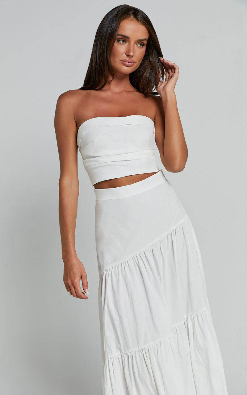 Showpo Schiffer Two Piece Set - Strapless Top And Tiered Midi Skirt White | MGSPZX475