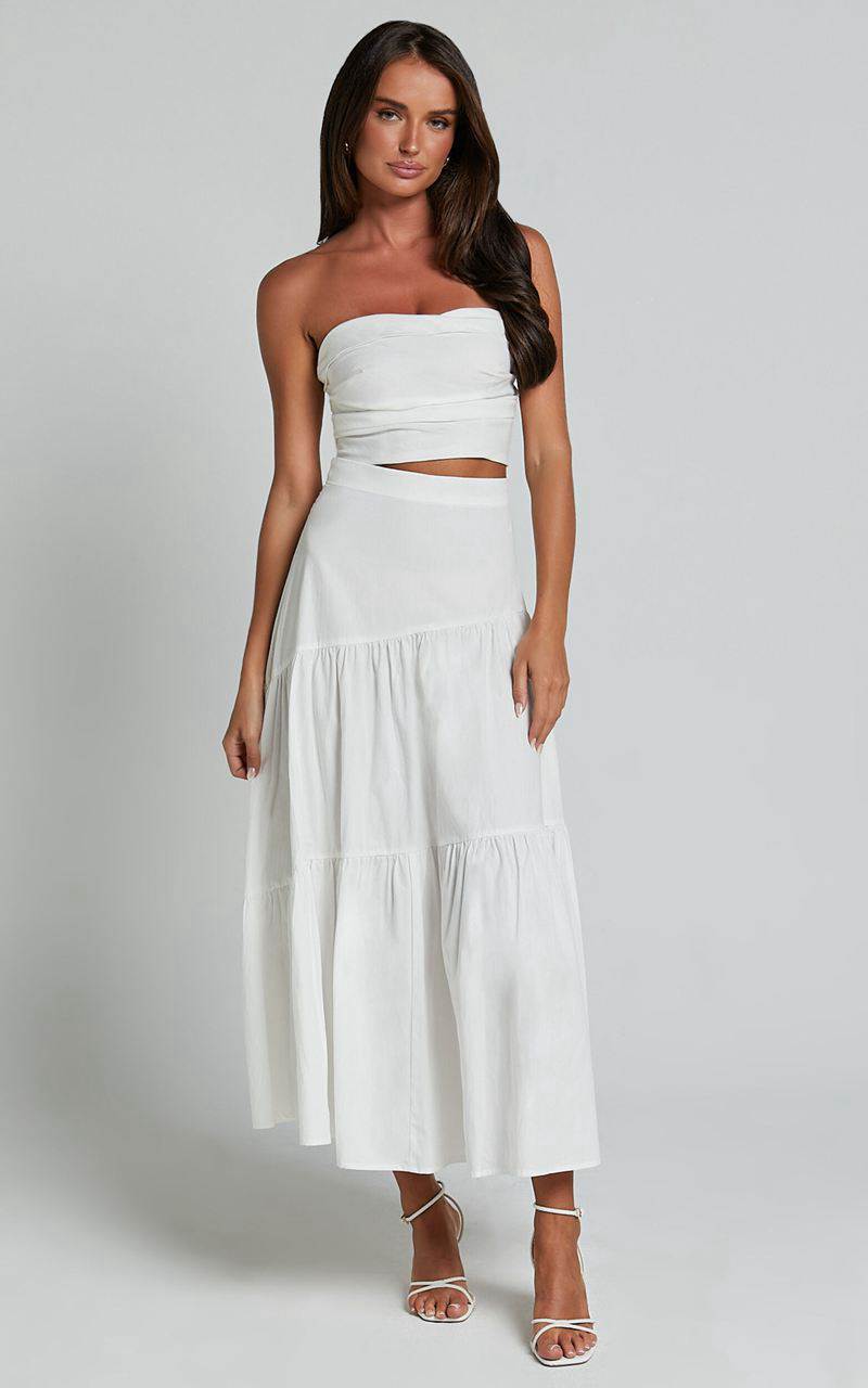 Showpo Schiffer Two Piece Set - Strapless Top And Tiered Midi Skirt White | MGSPZX475