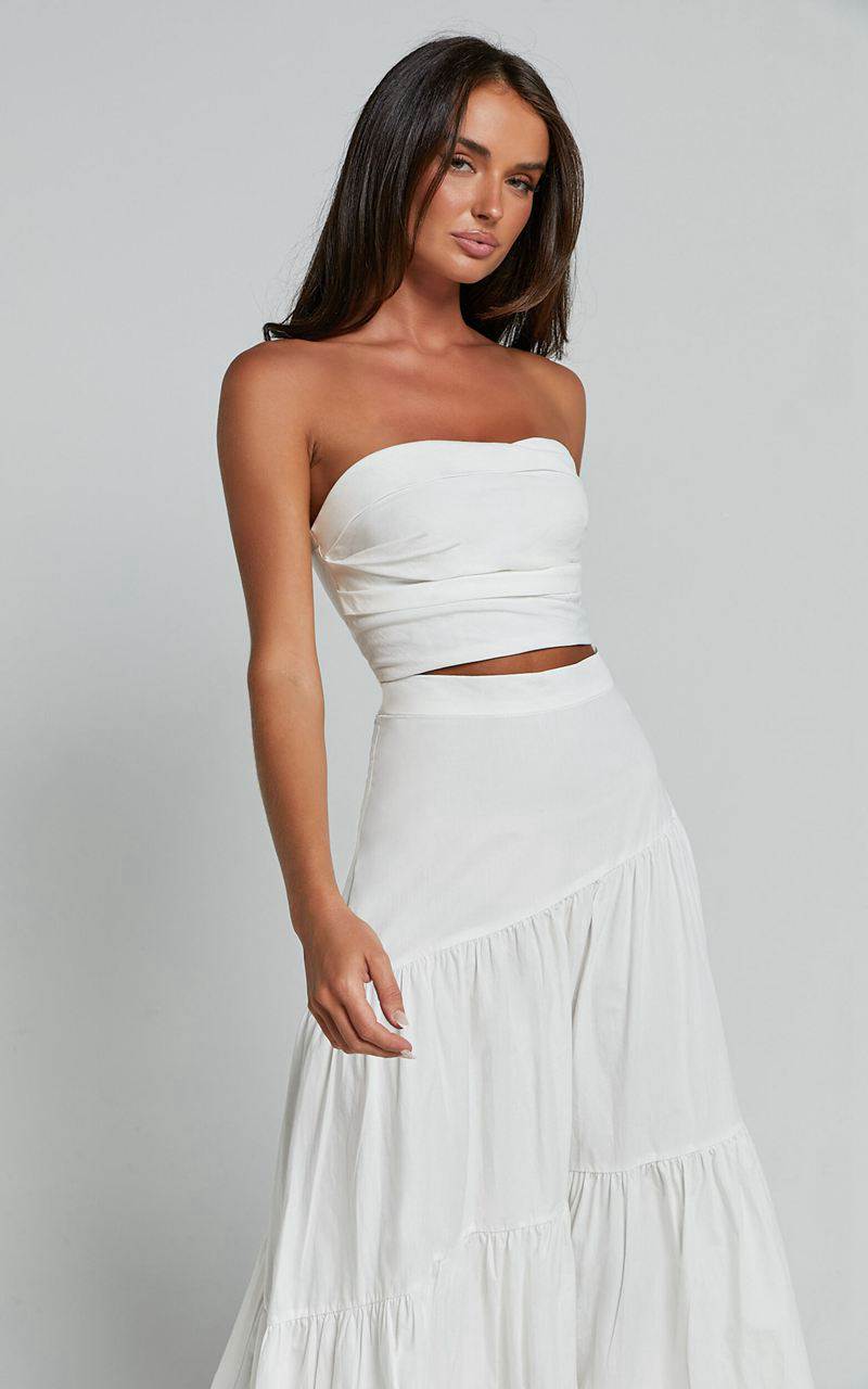 Showpo Schiffer Two Piece Set - Strapless Top And Tiered Midi Skirt White | MGSPZX475