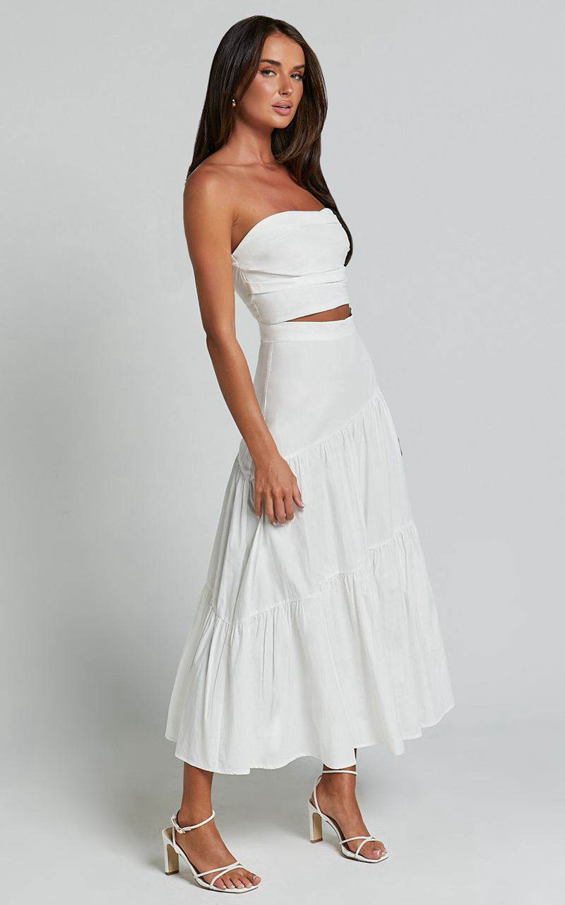 Showpo Schiffer Two Piece Set - Strapless Top And Tiered Midi Skirt White | MGSPZX475