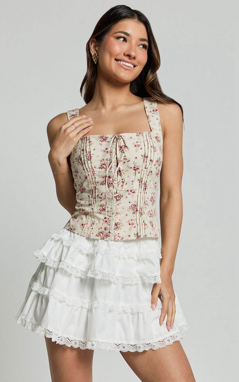 Showpo Selby Top - Square Neck Lace Up Corset Top Pink Floral | XBREAS279