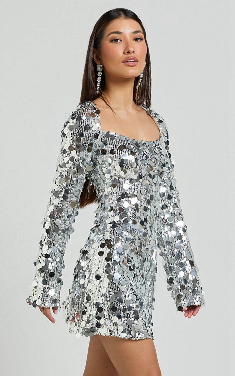 Showpo Selena Mini Dress - Flare Sleeve Disc Sequin Dress Silver | NQUZLH213