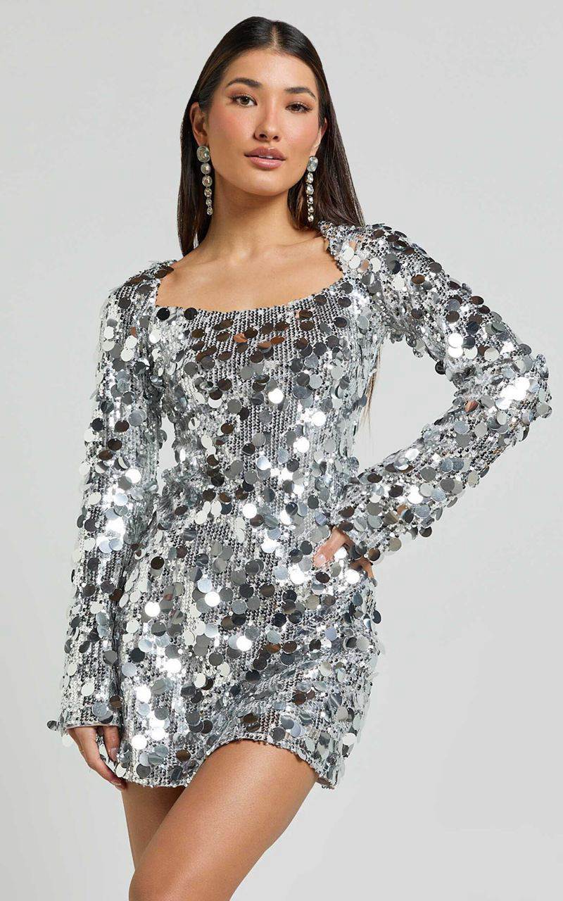 Showpo Selena Mini Dress - Flare Sleeve Disc Sequin Dress Silver | NQUZLH213