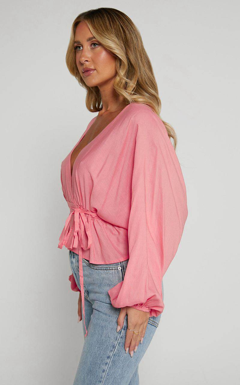 Showpo Selena Top - Linen Look V Neck Wrap Long Blouson Sleeve Peach | ADHSTZ265